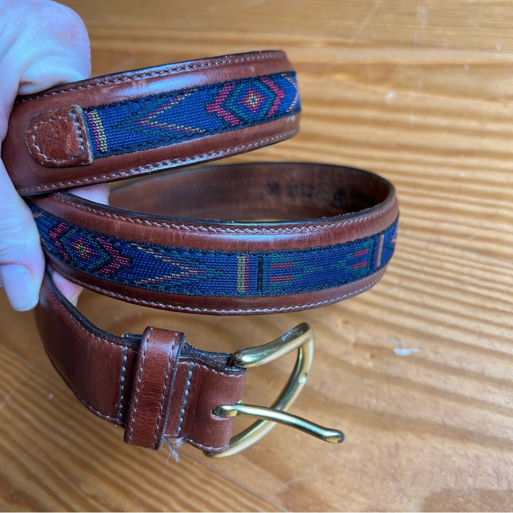 Mens Leather Aztec Tribal Western Inlayed Belt Brass Buckle Size 38 Multi USA - Picture 2 of 12